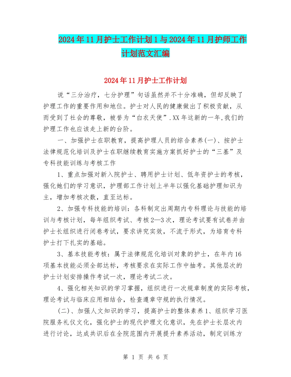 2024年11月护士工作计划1与2024年11月护师工作计划范文汇编_第1页