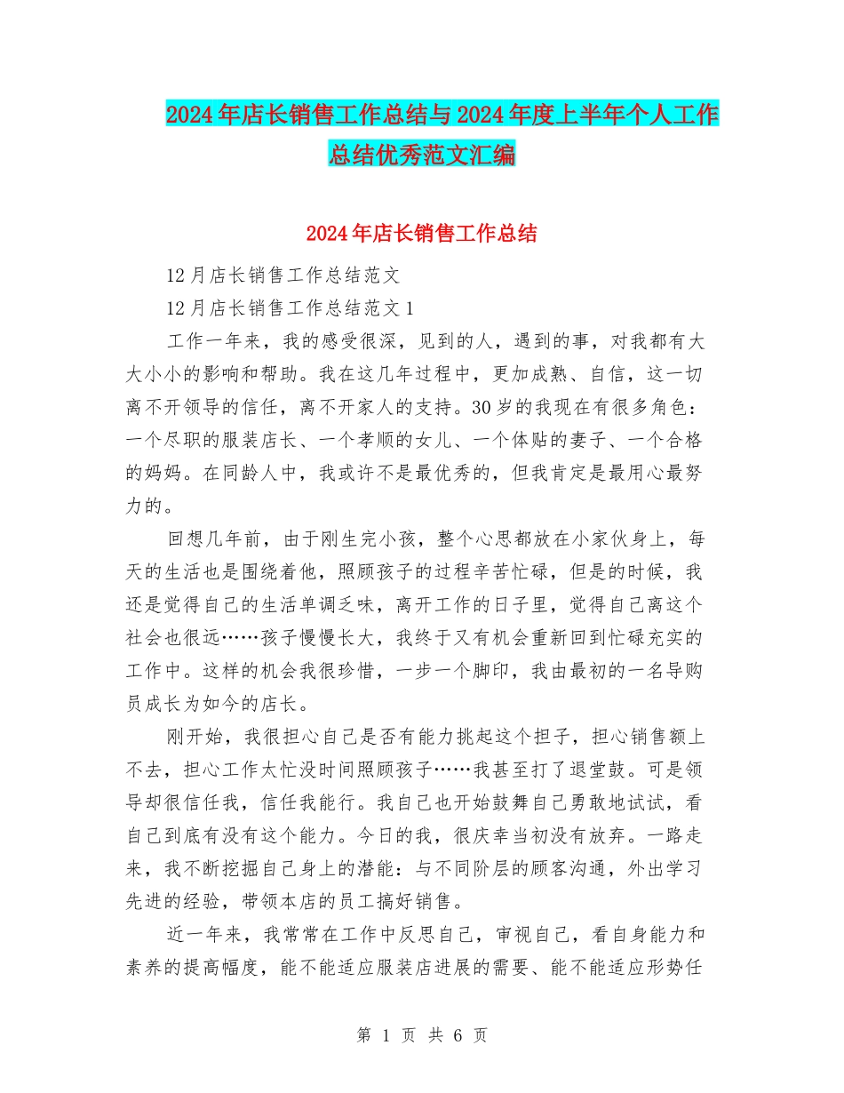 2024年店长销售工作总结与2024年度上半年个人工作总结优秀范文汇编_第1页