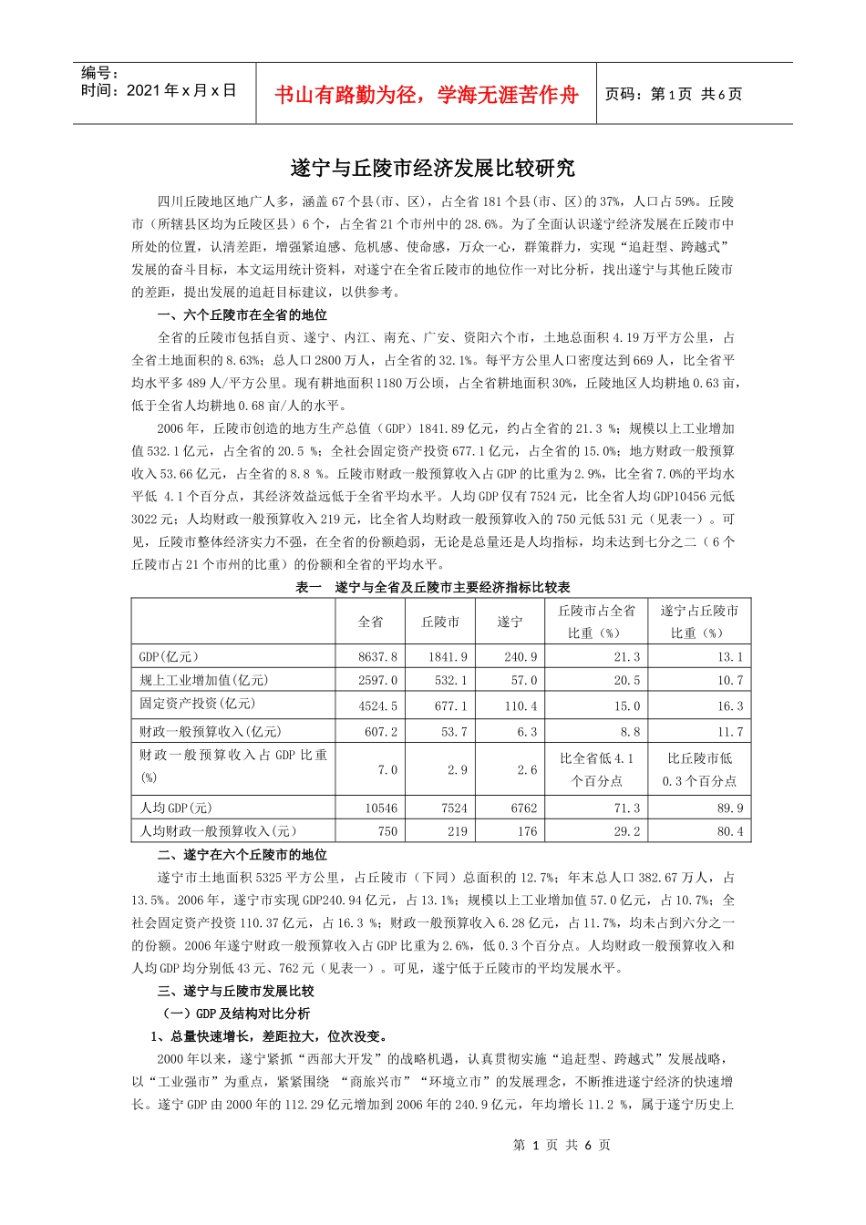 遂宁与丘陵市经济发展比较研究_第1页