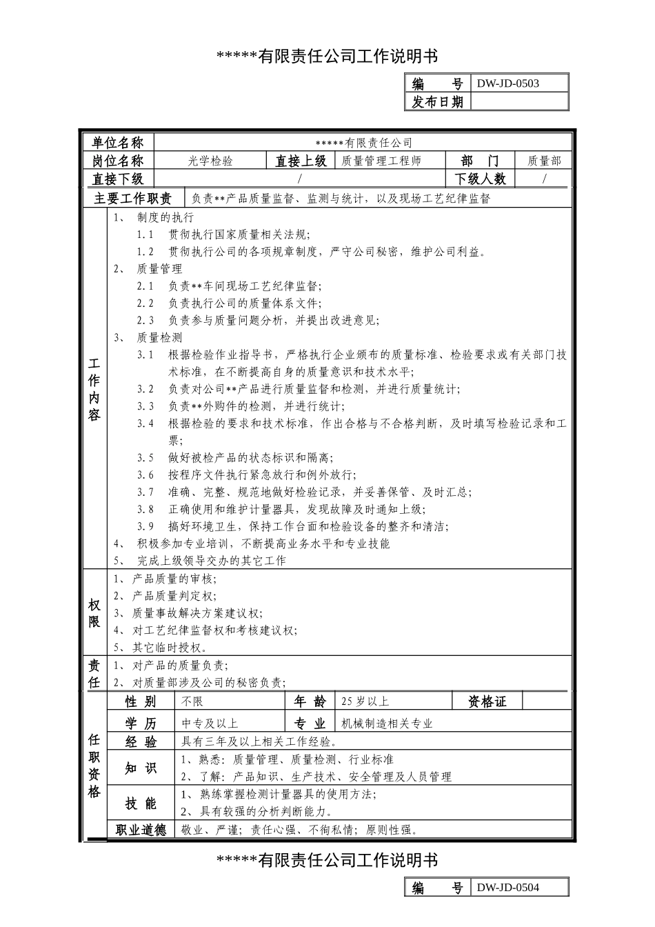 某中型制造业检验岗位说明书及KPI指标_第1页