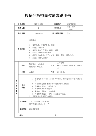 投资分析师岗位需求说明书