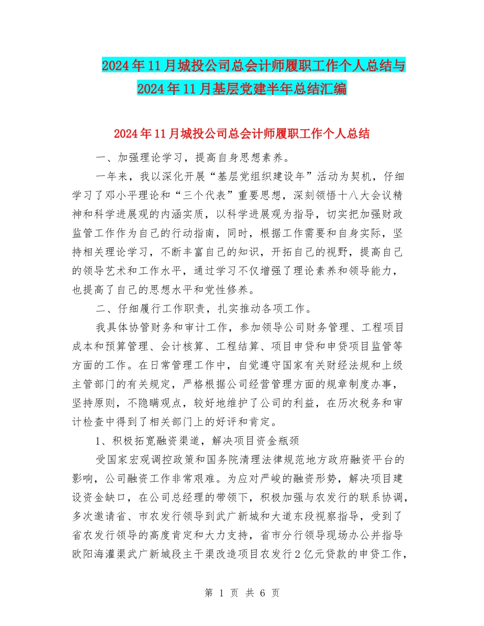 2024年11月城投公司总会计师履职工作个人总结与2024年11月基层党建半年总结汇编_第1页