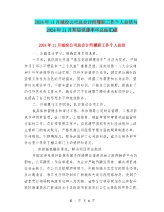 2024年11月城投公司总会计师履职工作个人总结与2024年11月基层党建半年总结汇编