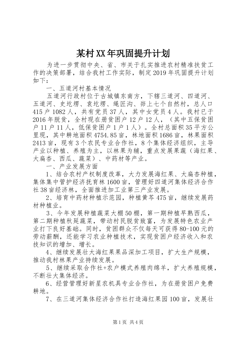 某村XX年巩固提升计划_第1页