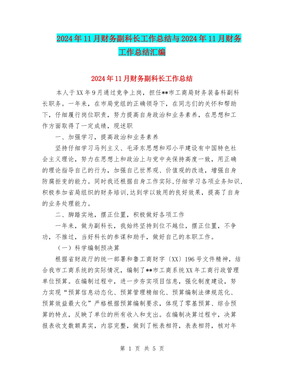 2024年11月财务副科长工作总结与2024年11月财务工作总结汇编_第1页