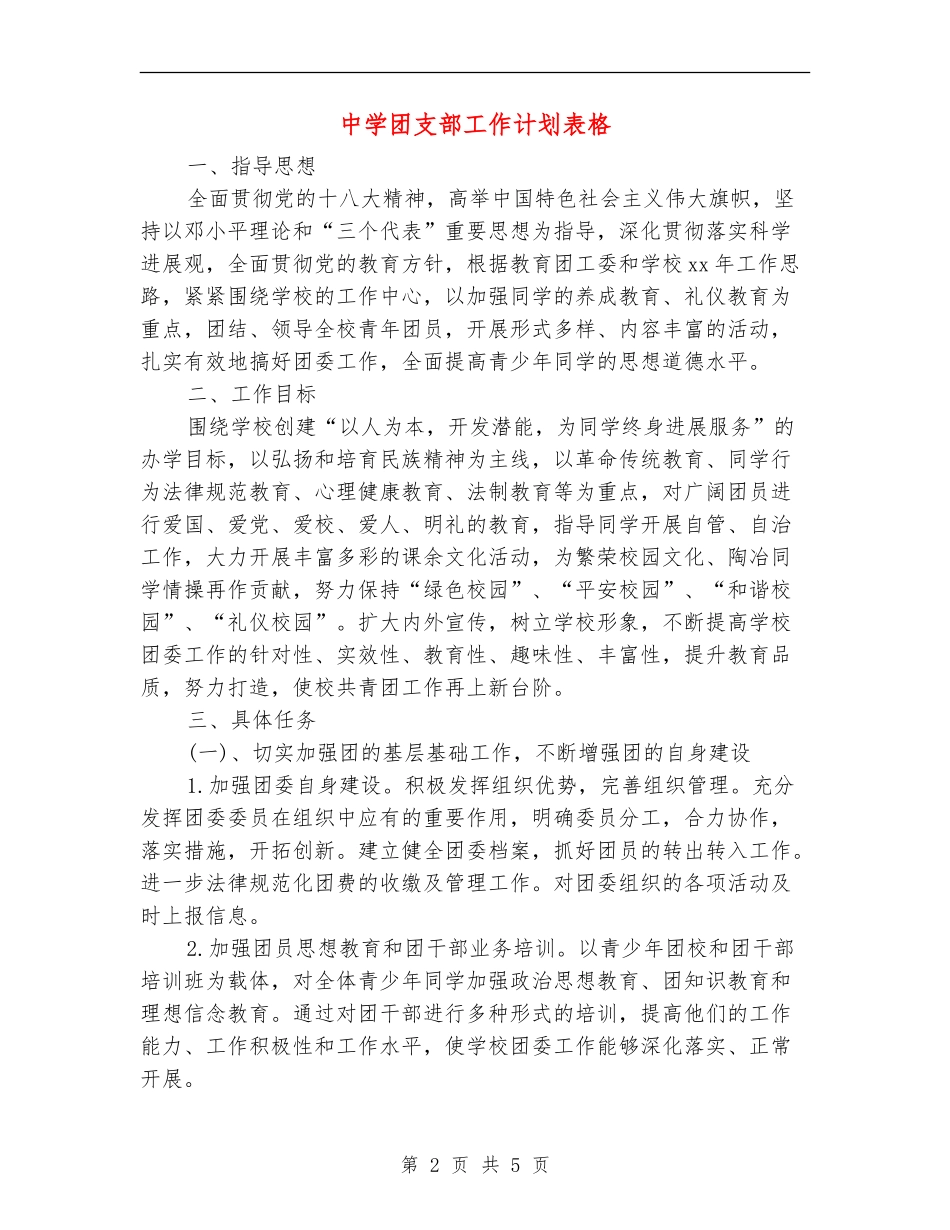 中学团支部工作计划表格_第2页