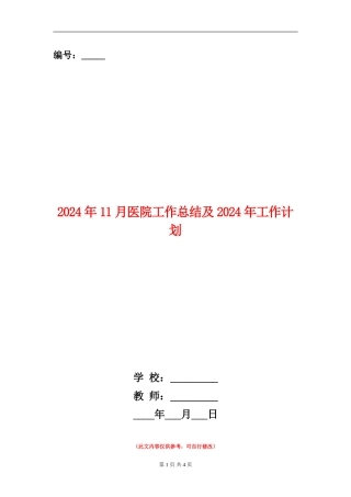 2024年11月医院工作总结及2024年工作计划