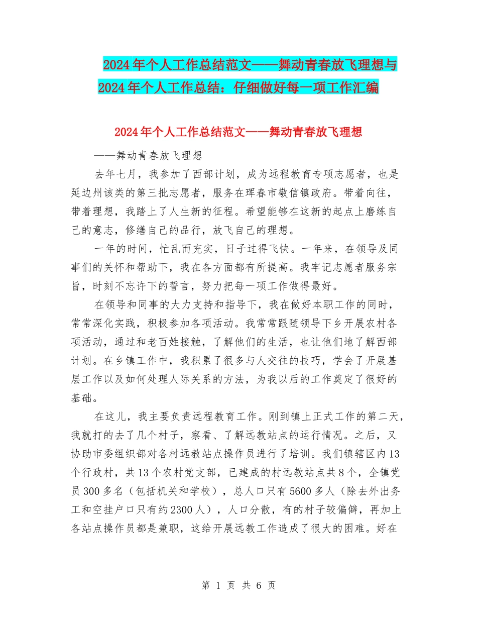 2024年个人工作总结范文——舞动青春放飞理想与2024年个人工作总结：认真做好每一项工作汇编_第1页
