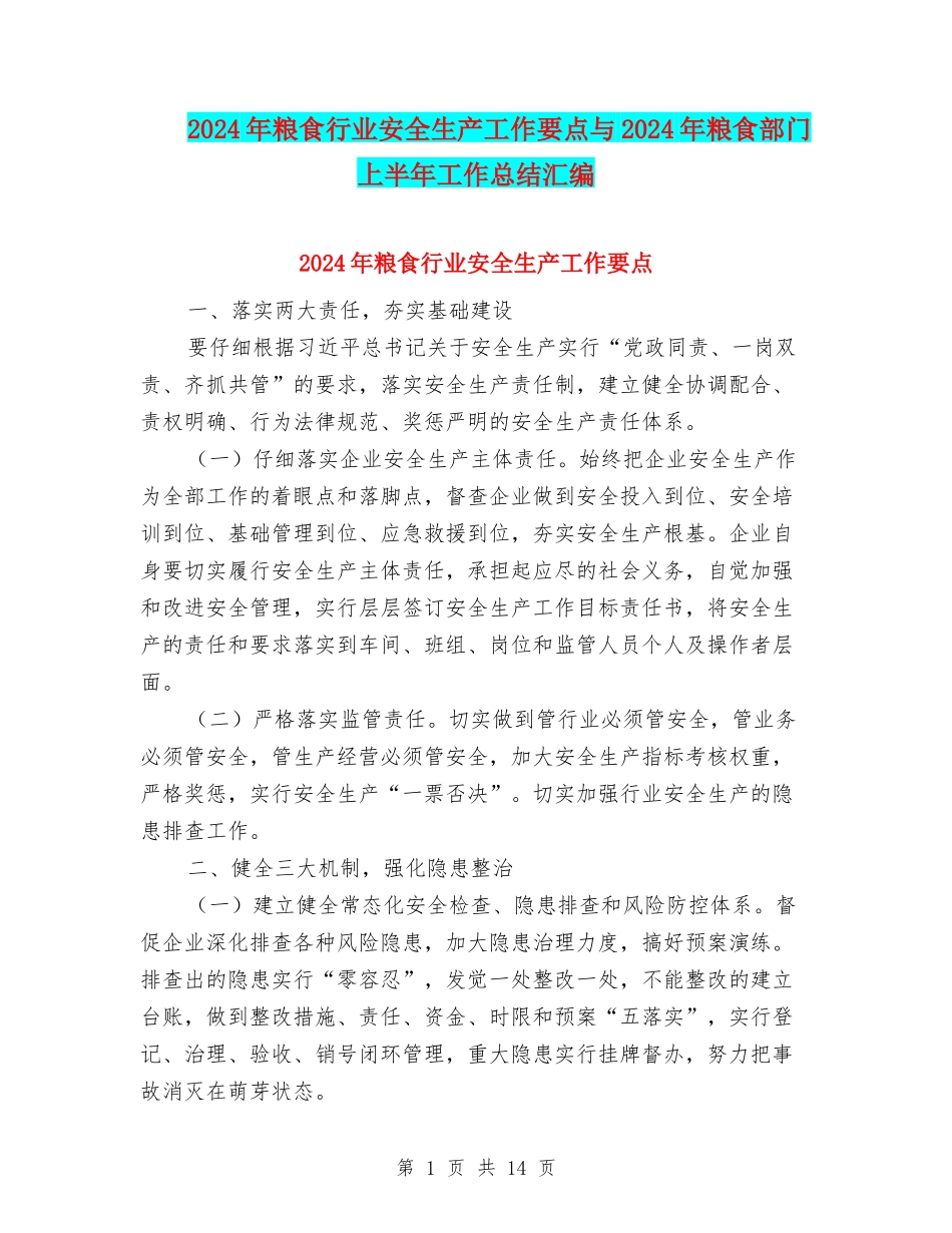 2024年粮食行业安全生产工作要点与2024年粮食部门上半年工作总结汇编_第1页