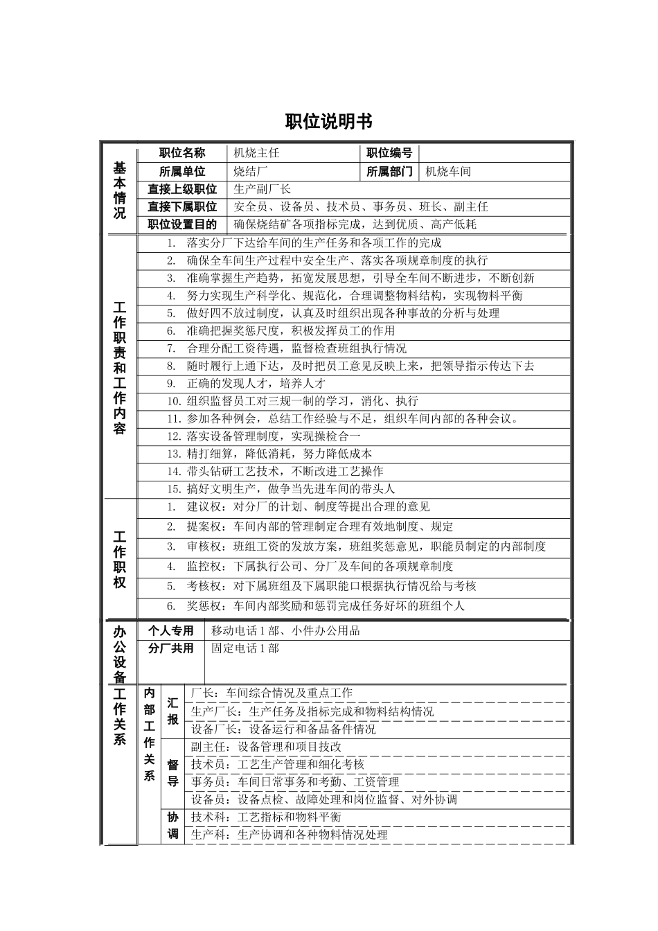 烧结厂机烧主任岗位说明书_第1页