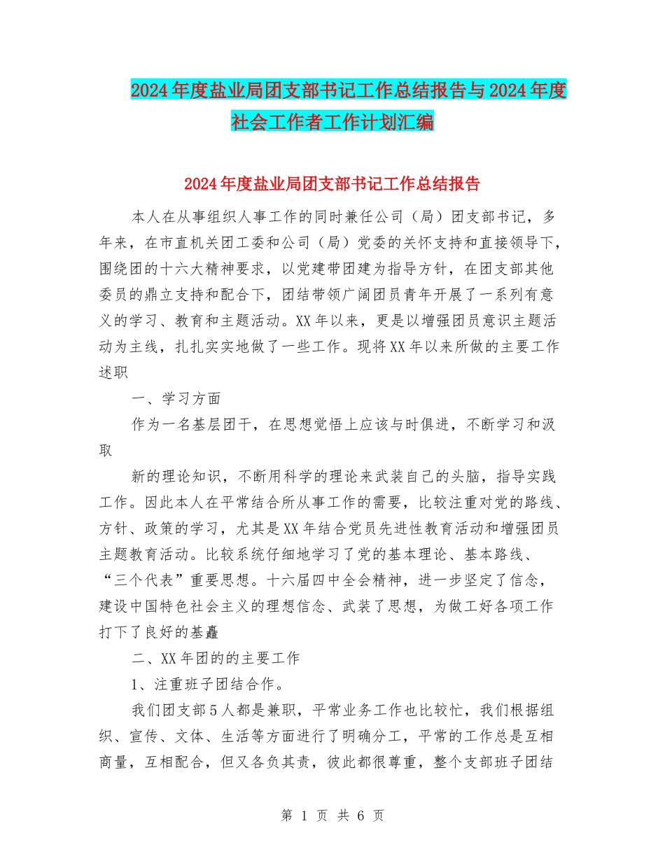 2024年度盐业局团支部书记工作总结报告与2024年度社会工作者工作计划汇编_第1页