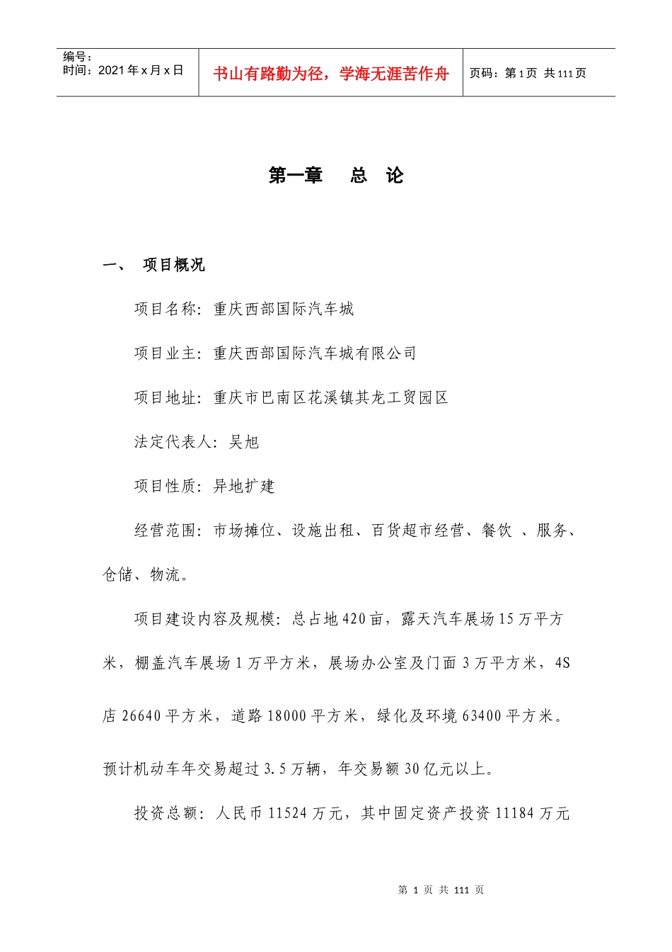 重庆西部国际汽车城可行性研究报告_第1页