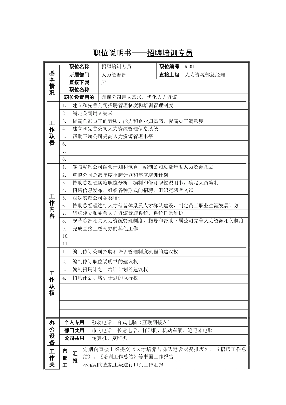 职位说明书——招聘培训专员_第1页