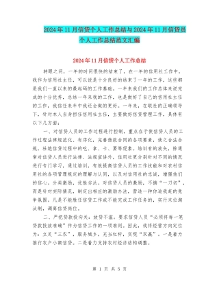 2024年11月信贷个人工作总结与2024年11月信贷员个人工作总结范文汇编