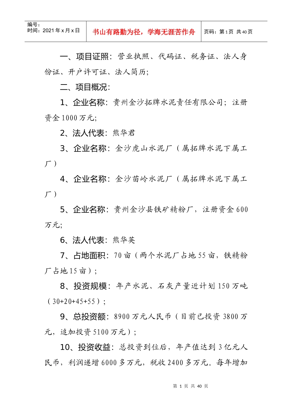 金沙拓牌水泥公司改建项目建议书_第1页