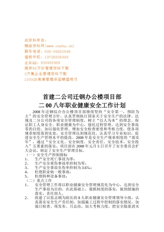 某某公司项目部职业健康安全工作计划