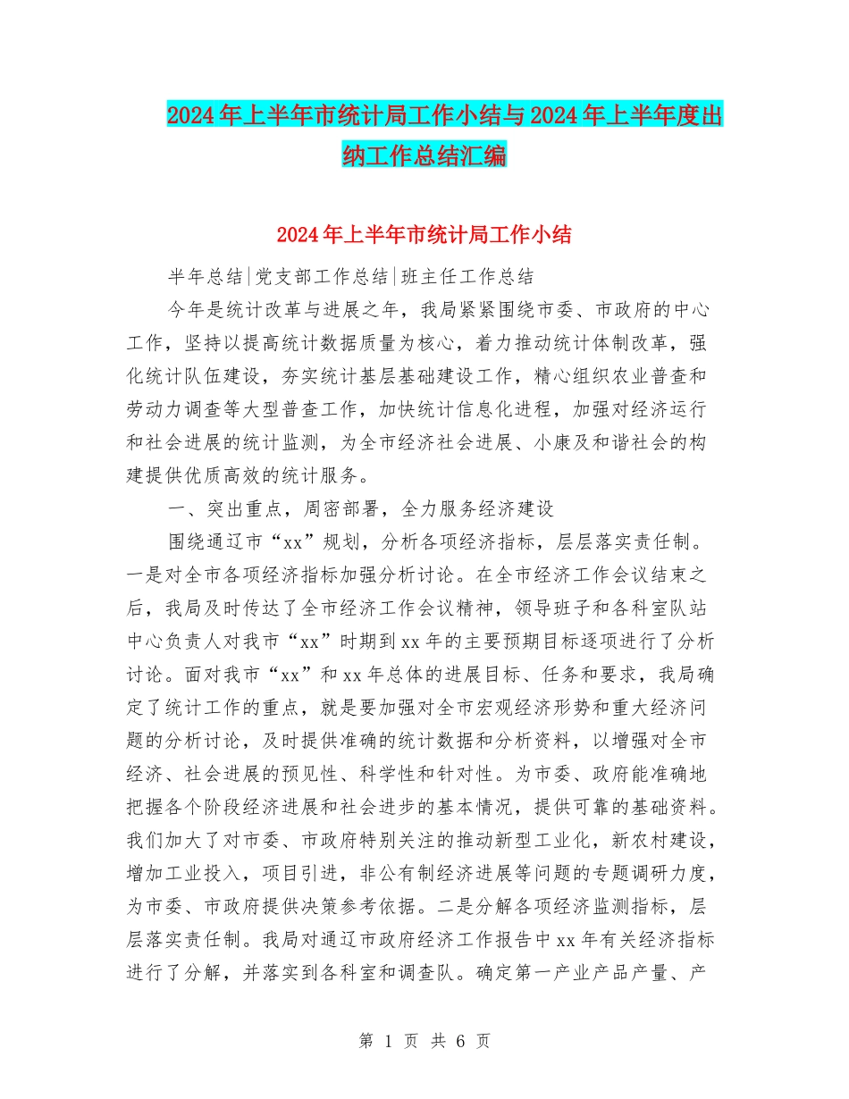 2024年上半年市统计局工作小结与2024年上半年度出纳工作总结汇编_第1页
