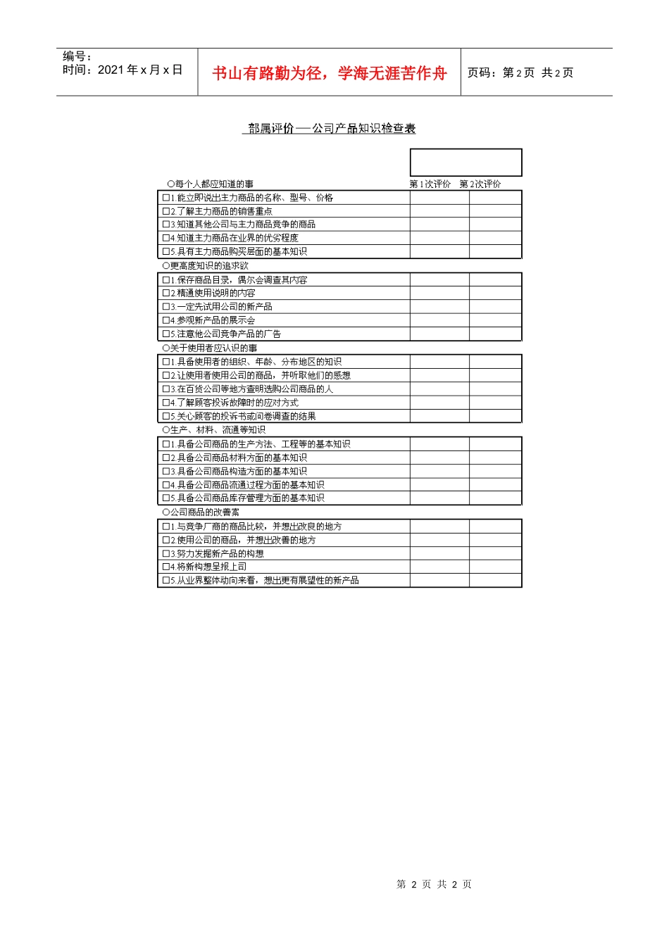 部属评价-公司产品知识检查表_第2页