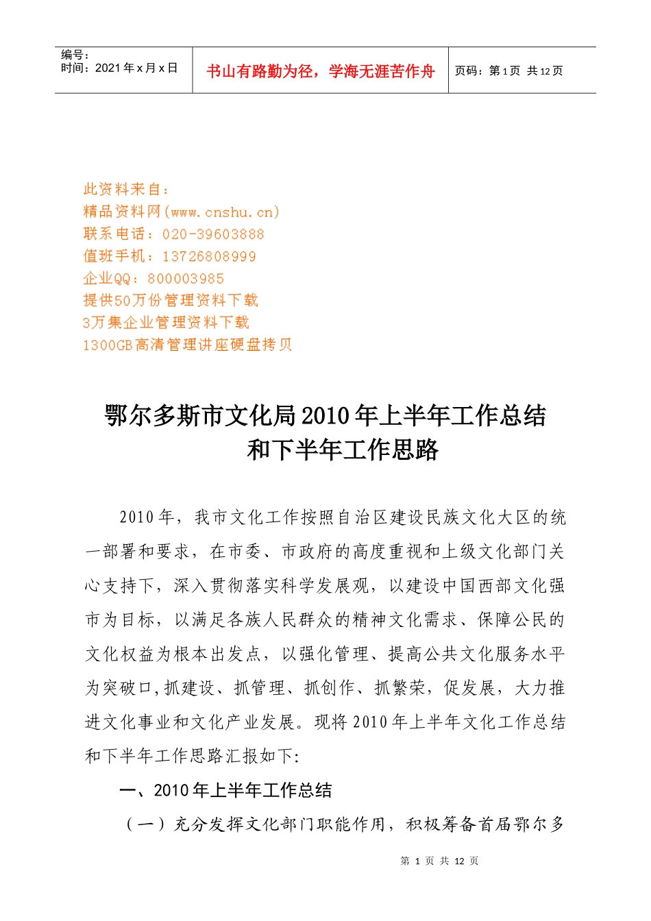 鄂尔多斯市文化局年度工作总结与工作思路_第1页