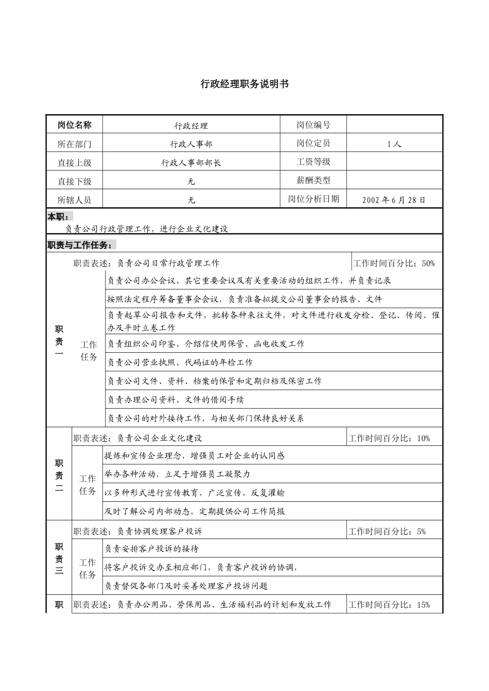 某集团亚太区行政经理职务说明书._第1页