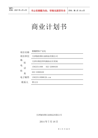 醇醚燃料产业化商业计划书