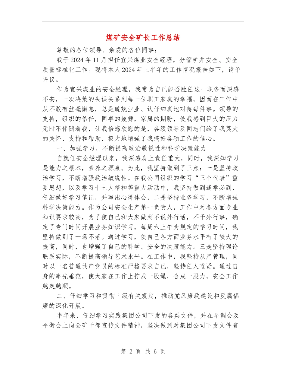 煤矿安全矿长工作总结_第2页