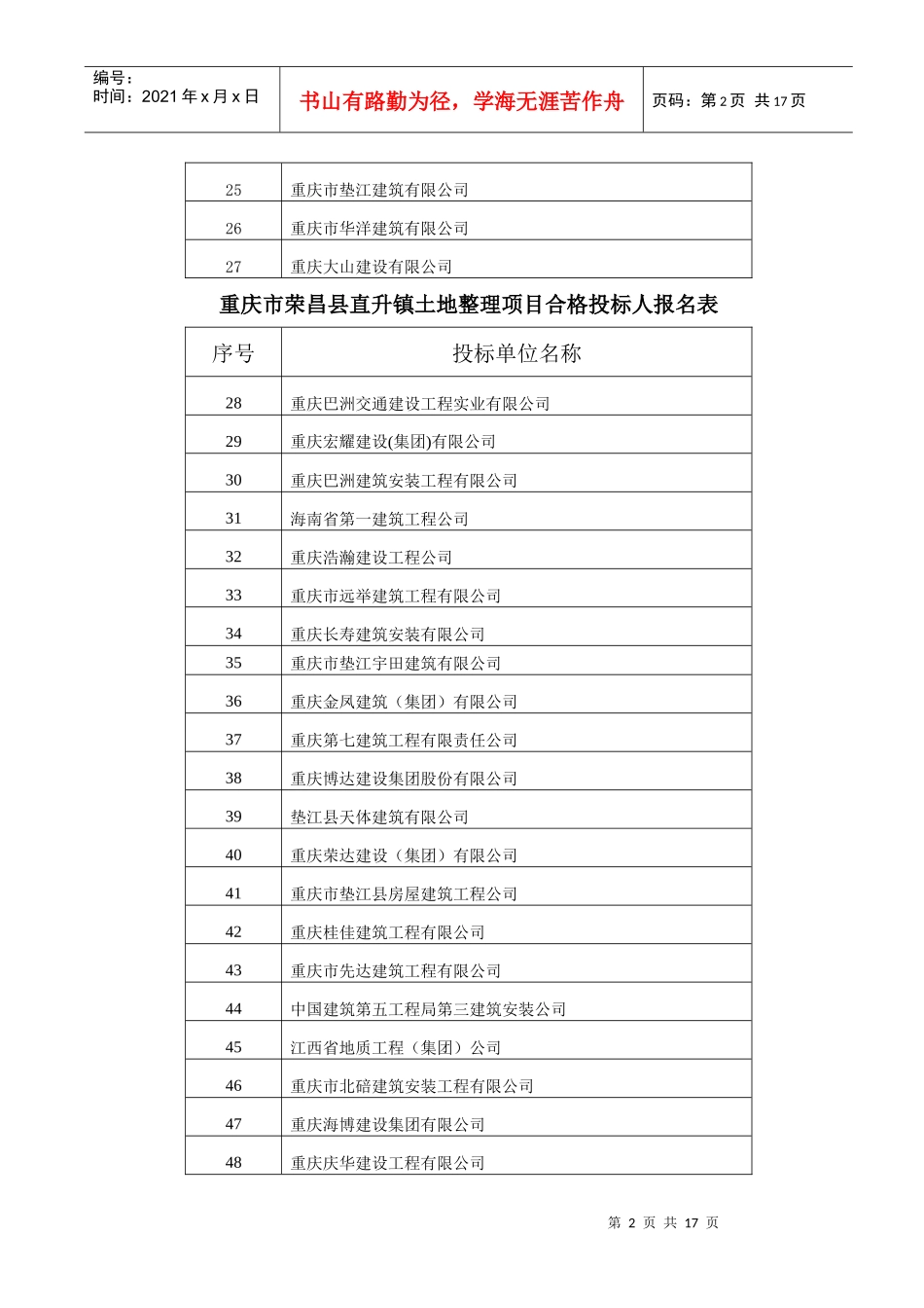 重庆市荣昌县直升镇土地整理项目合格投标人报名表_第2页