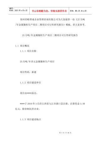 金属镍粒生产项目二期项目可行性研究报告