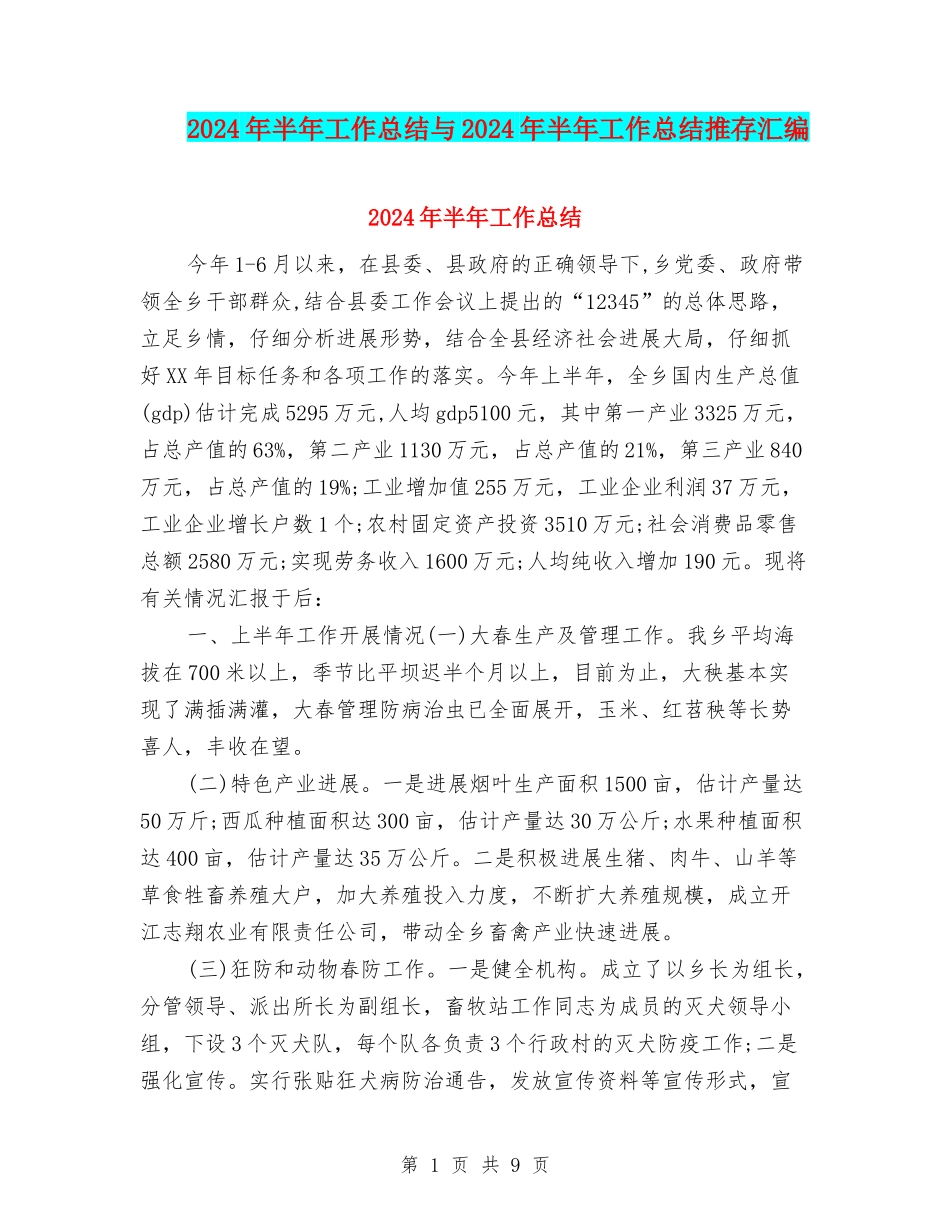 2024年半年工作总结与2024年半年工作总结推存汇编_第1页