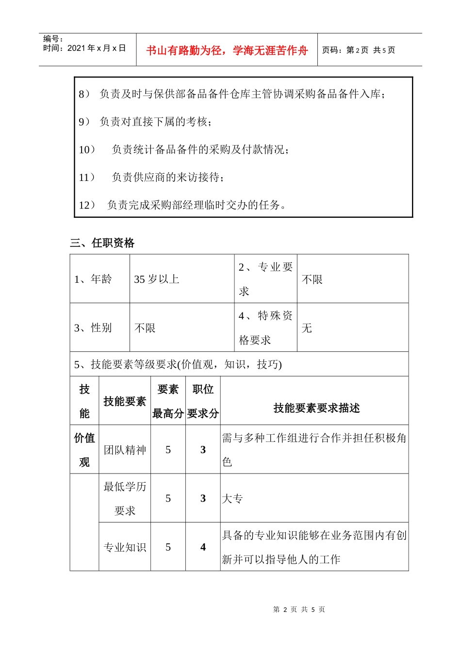 采购部备品备件采购主管职位说明书_第2页