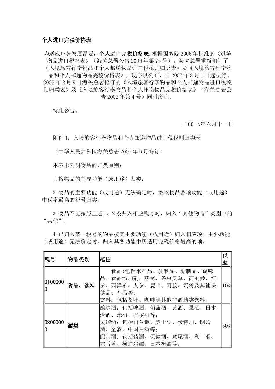 个人进口完税价格表_第1页
