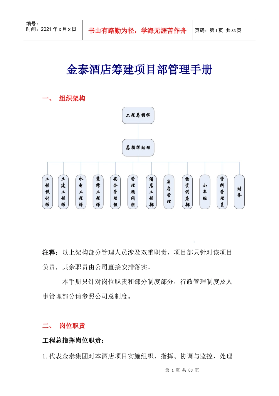 酒店筹建项目部管理手册_第1页