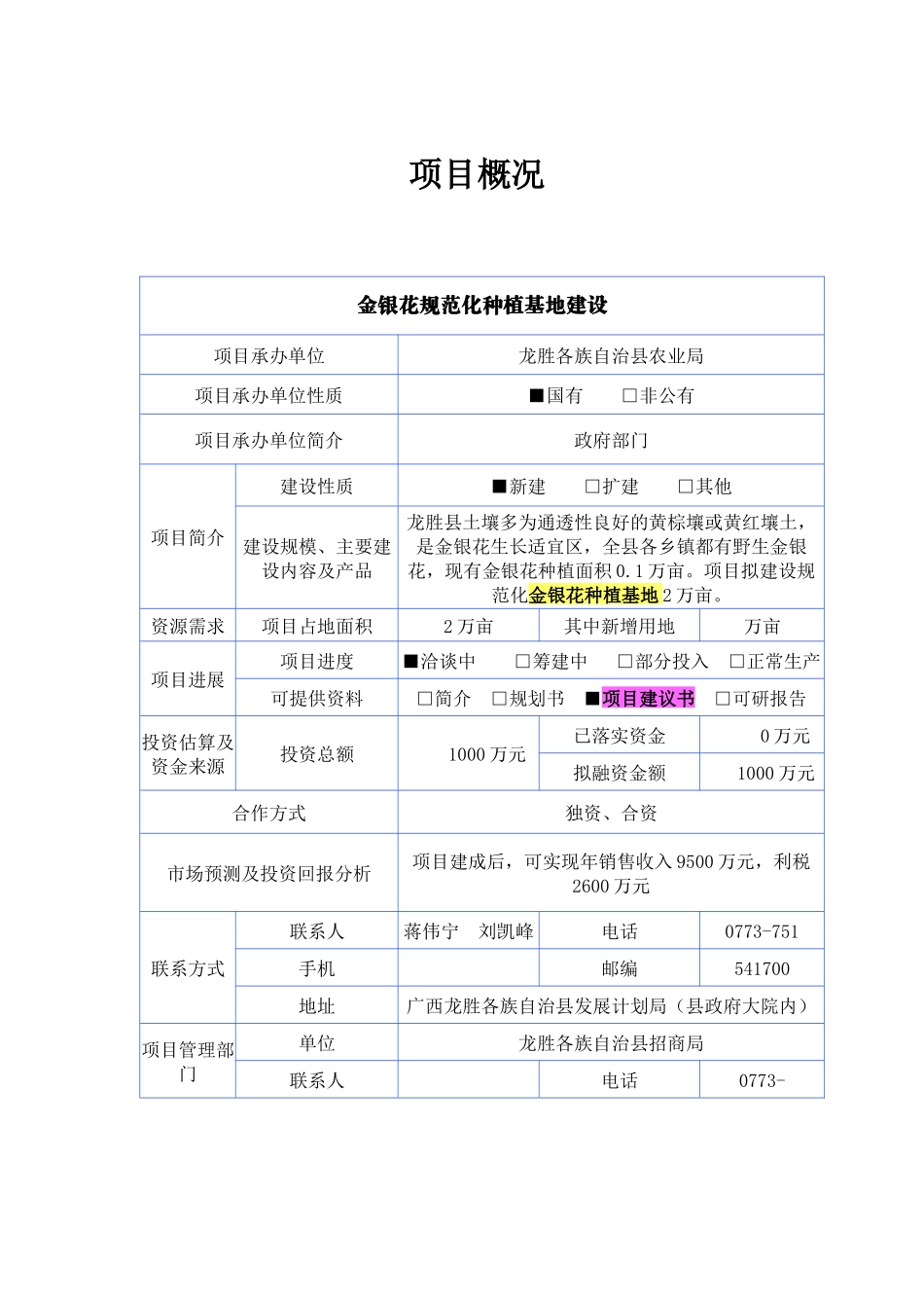 金银花种植基地建设项目建议书_第3页