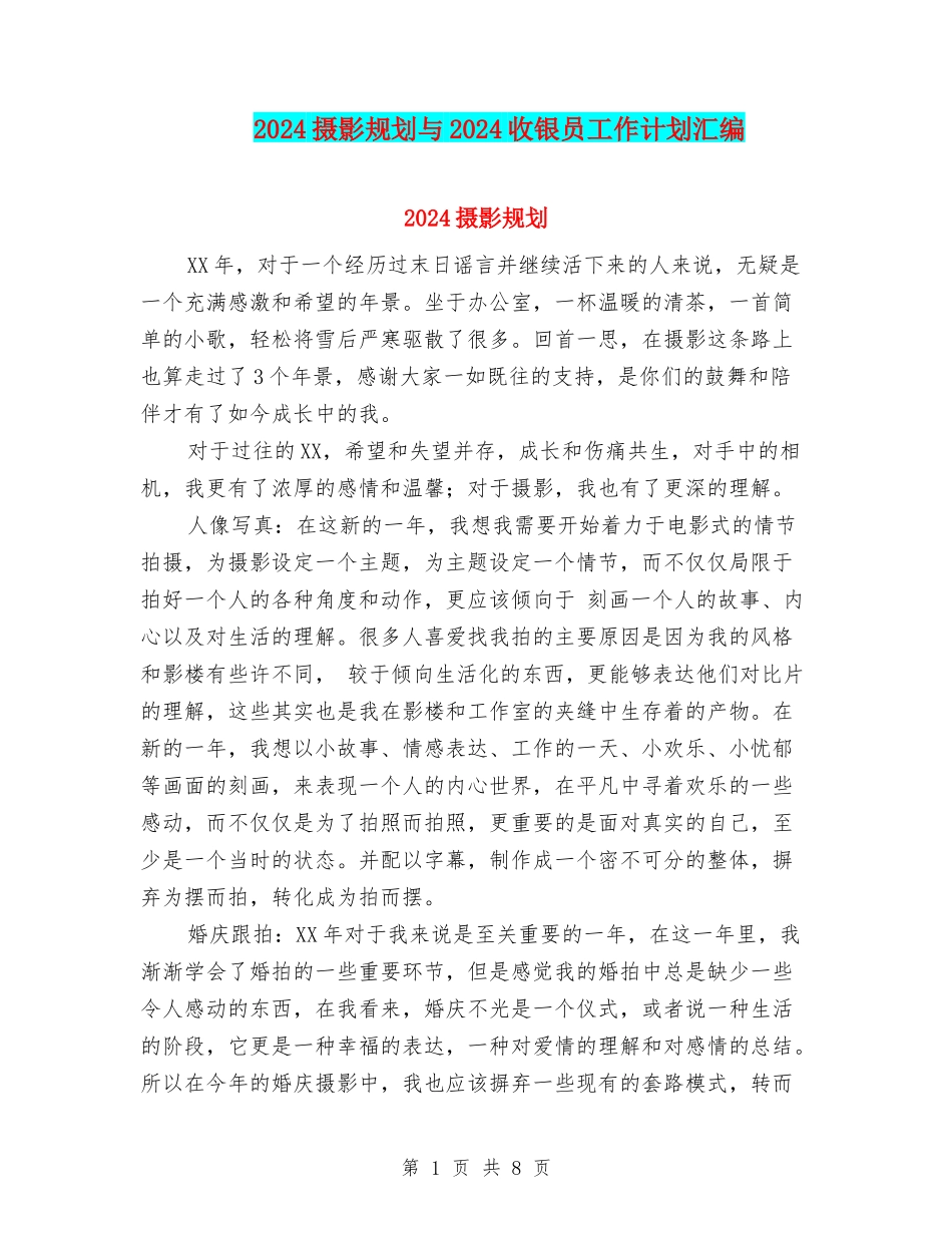 2024摄影规划与2024收银员工作计划汇编_第1页