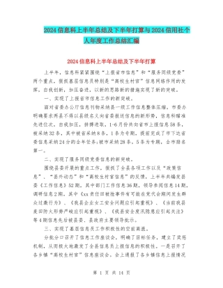 2024信息科上半年总结及下半年打算与2024信用社个人年度工作总结汇编
