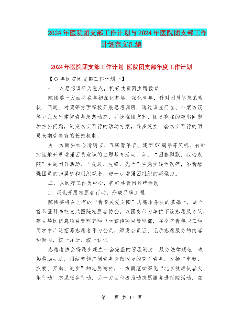 2024年医院团支部工作计划与2024年医院团支部工作计划范文汇编_第1页