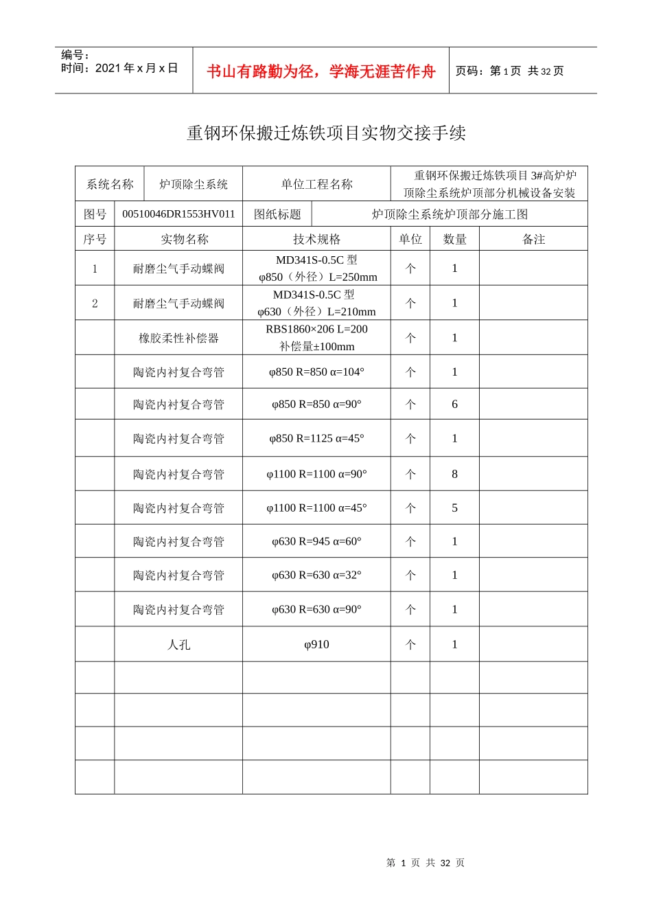 重钢环保搬迁炼铁项目实物交接手续-设备移交清单1_第1页