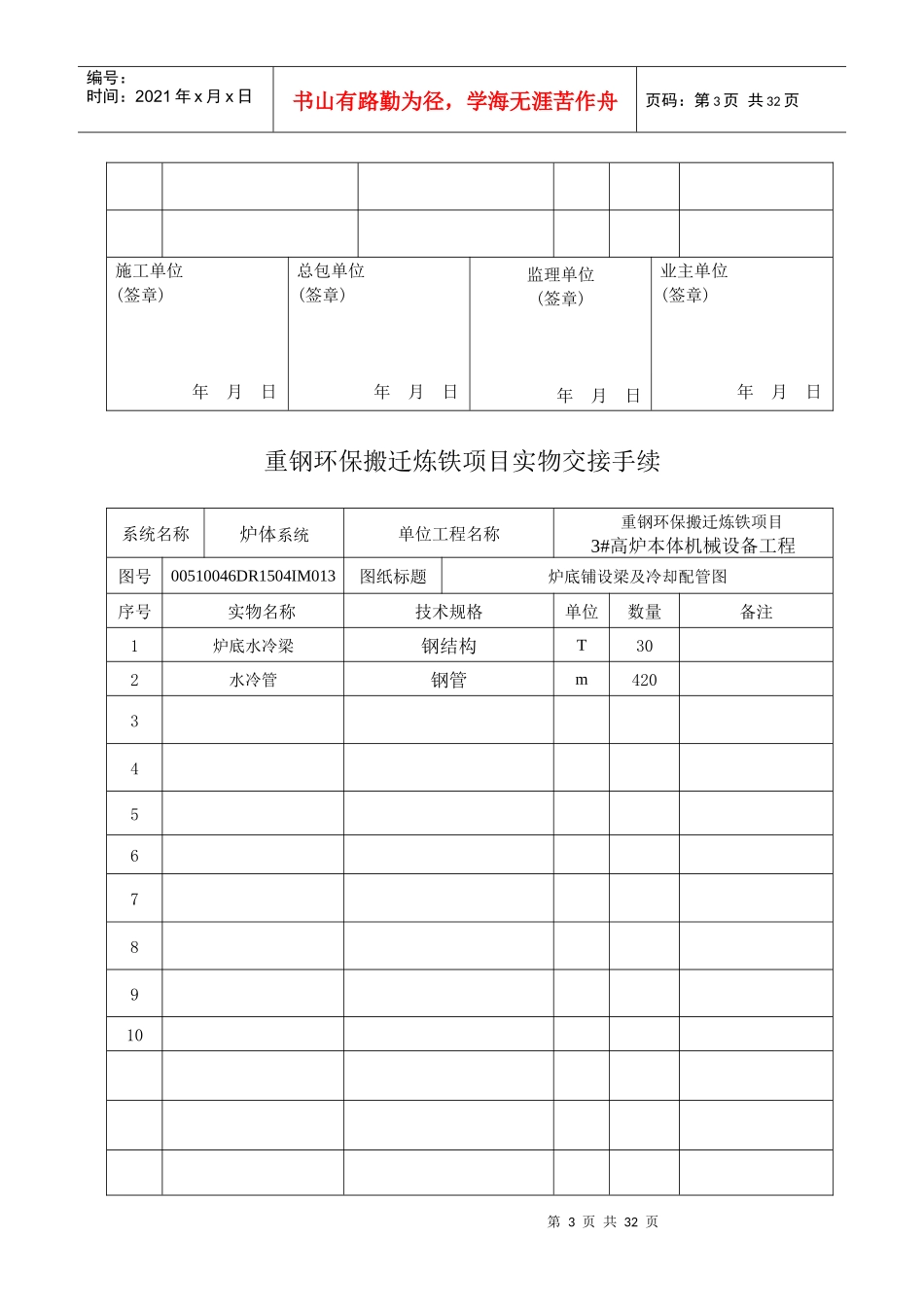 重钢环保搬迁炼铁项目实物交接手续-设备移交清单1_第3页