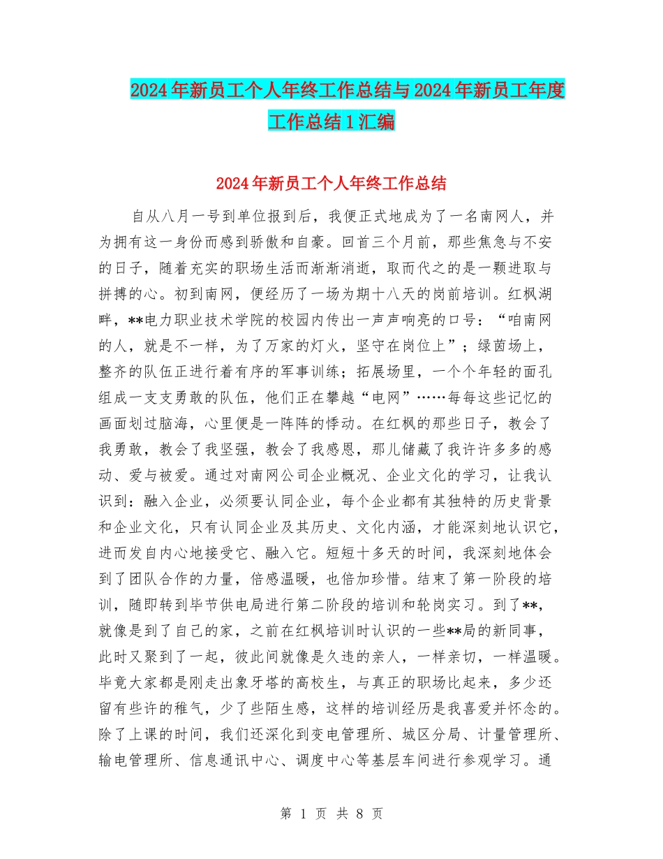 2024年新员工个人年终工作总结与2024年新员工年度工作总结1汇编_第1页
