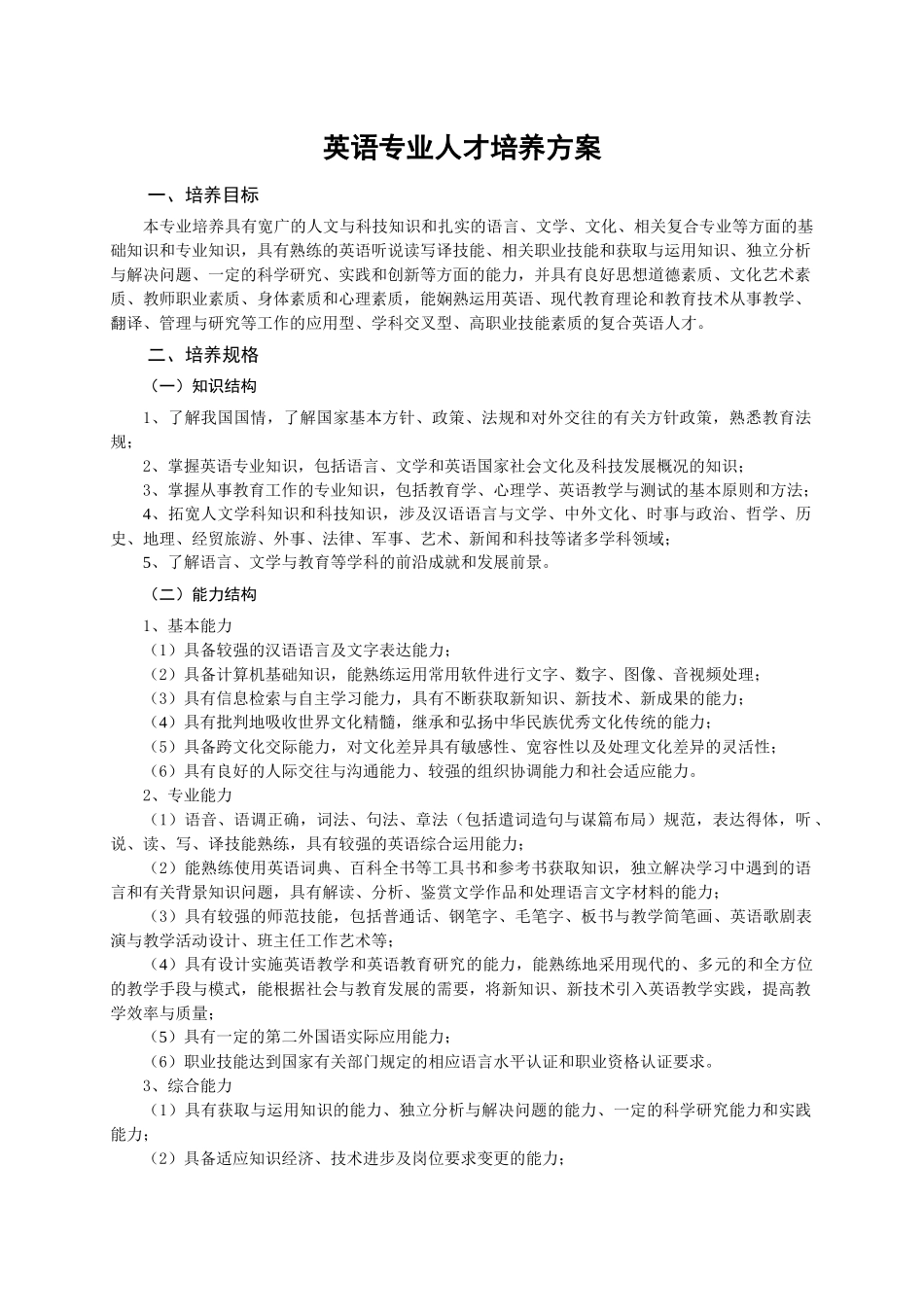 英语专业人才培养方案_第1页