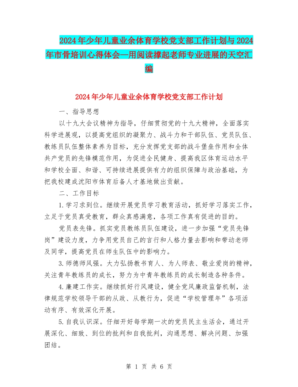 2024年少年儿童业余体育学校党支部工作计划与2024年市骨培训心得体会—用阅读撑起教师专业发展的天空汇编_第1页