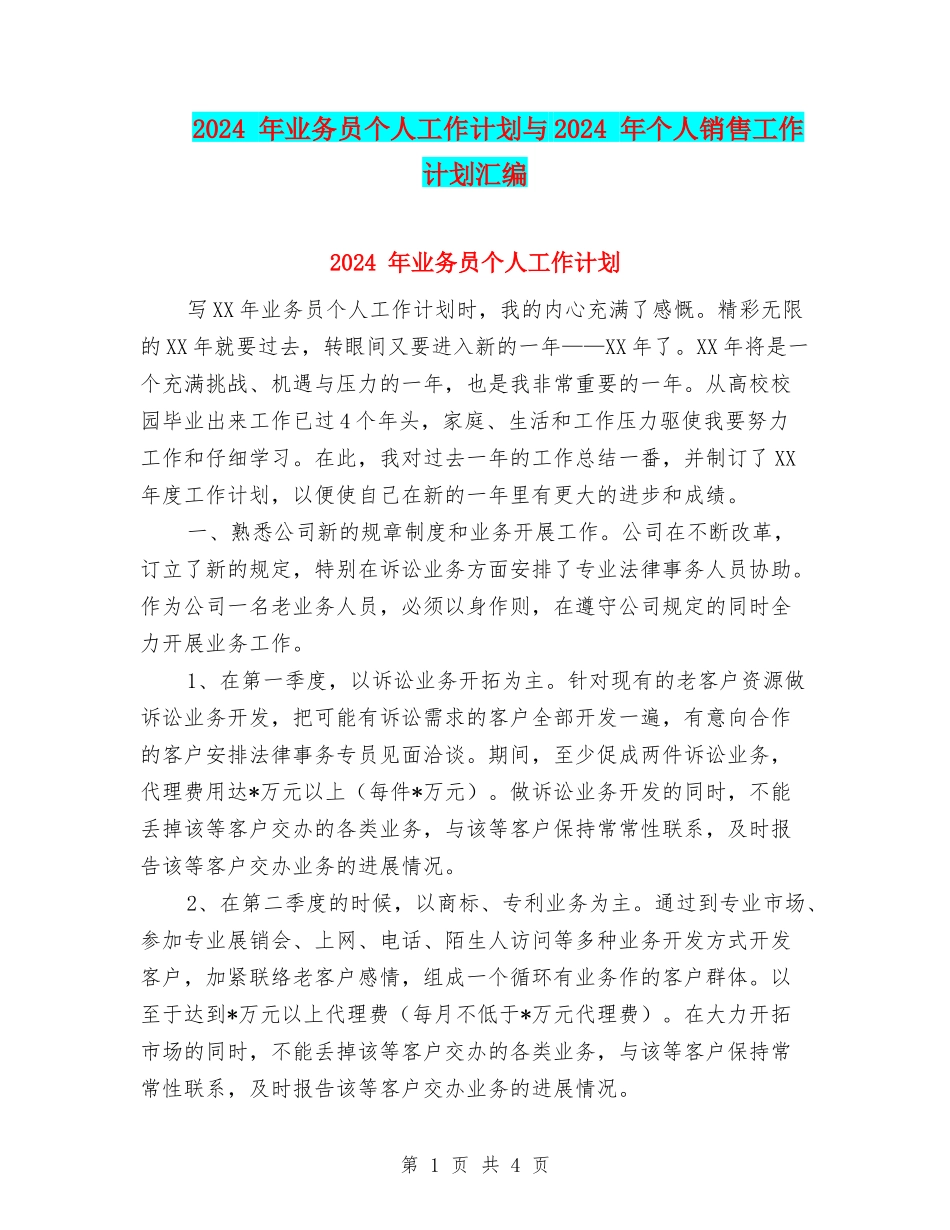 2024-年业务员个人工作计划与2024-年个人销售工作计划汇编_第1页