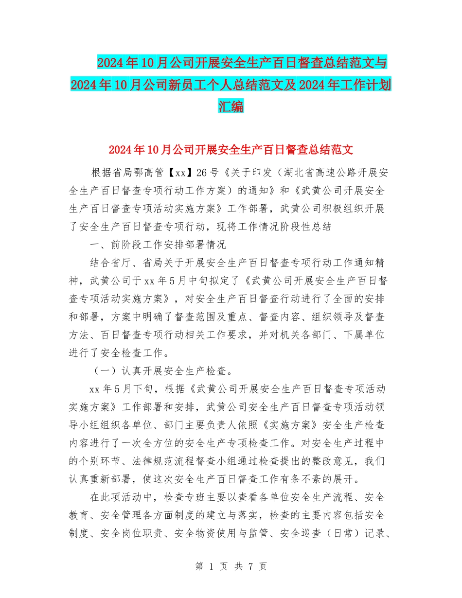 2024年10月公司开展安全生产百日督查总结范文与2024年10月公司新员工个人总结范文及2024年工作计划汇编_第1页