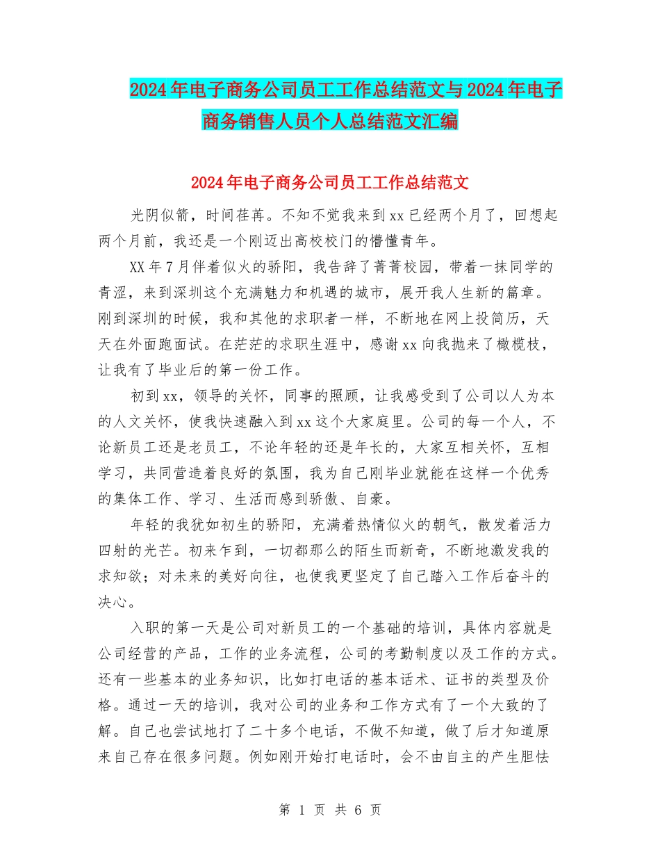 2024年电子商务公司员工工作总结范文与2024年电子商务销售人员个人总结范文汇编_第1页