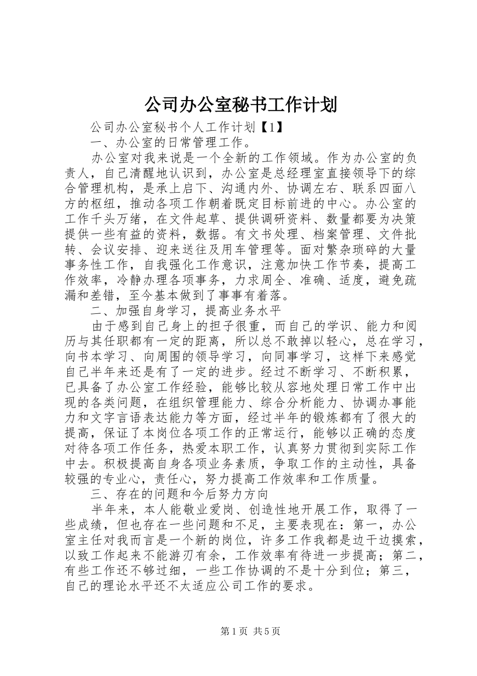公司办公室秘书工作计划_第1页