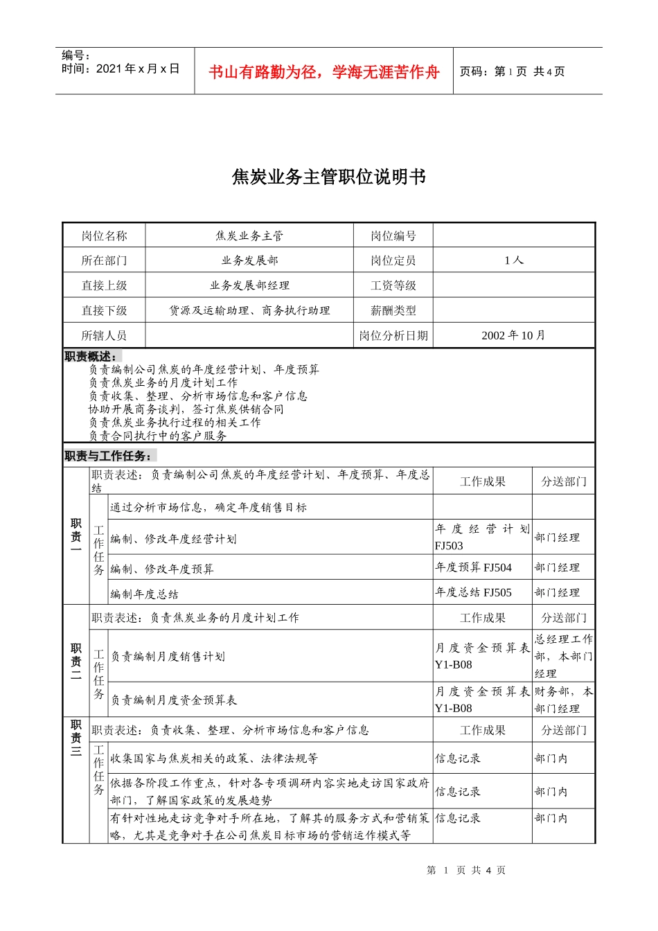 煤炭行业-集团公司-业务发展部-焦炭业务主管岗位说明书_第1页