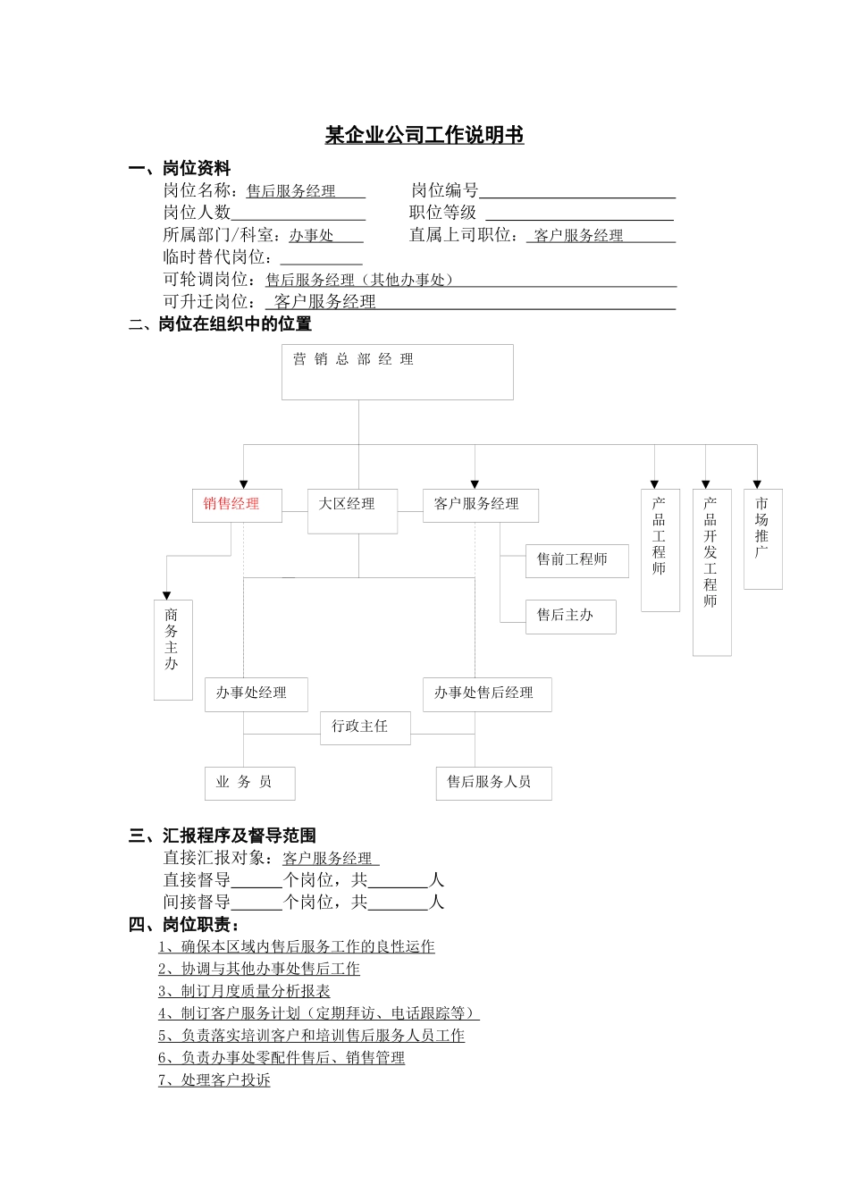 工作说明书-售后服务经理_第1页