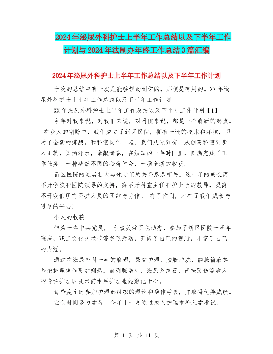 2024年泌尿外科护士上半年工作总结以及下半年工作计划与2024年法制办年终工作总结3篇汇编_第1页