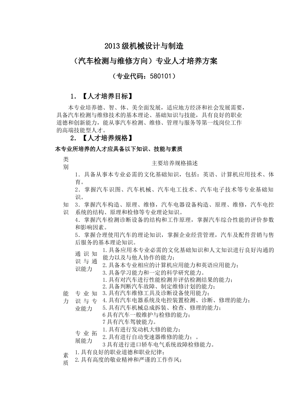 汽车检测与维修方向人才培养方案_第1页