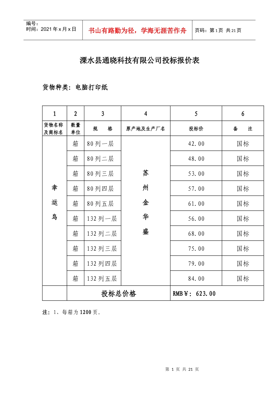 溧水县通晓科技有限公司投标报价表_第1页